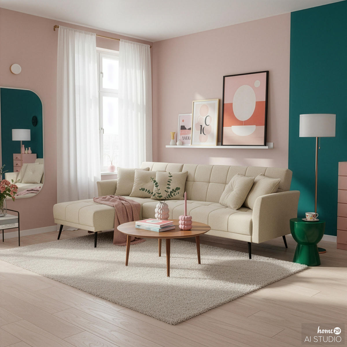 ECKSOFA mit Schlaffunktion - Flachgewebe - Beige/Schwarz, Textil/Metall (250/144cm) - home24