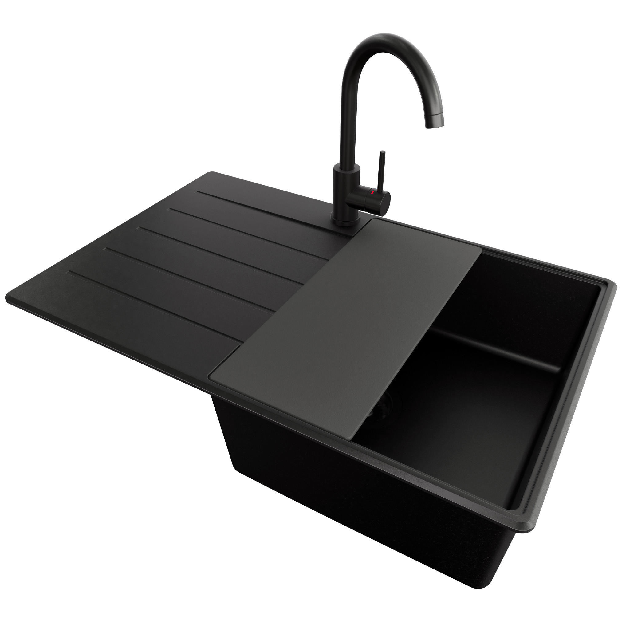 GRANITSPÜLE Kopenhagen, 2-er set Alles Schwarz 78/50 cm 1 Becken + Küchenarmatur 32/20 cm + Ablauf-Set + Schneidebrett ab 50er Unterschrank - Schwarz, Kunststoff (78/20/50cm) - Primagran