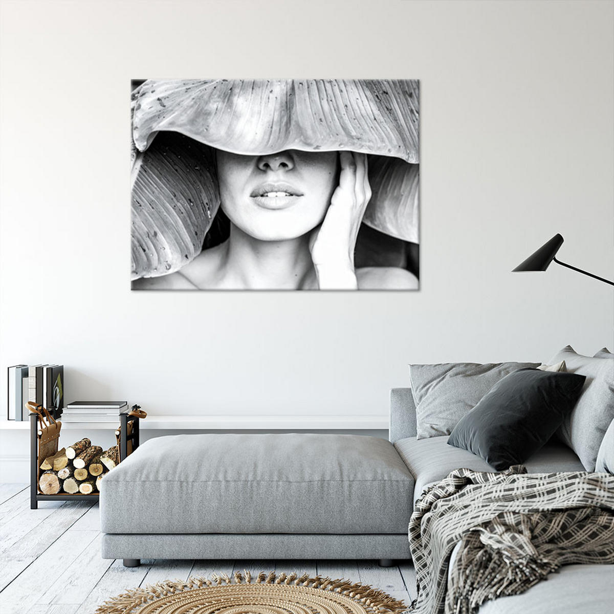 LEINWANDBILD Frau und Blätter auf dem Kopf 60x40cm - Grau, Textil (60/40cm) - Feeby