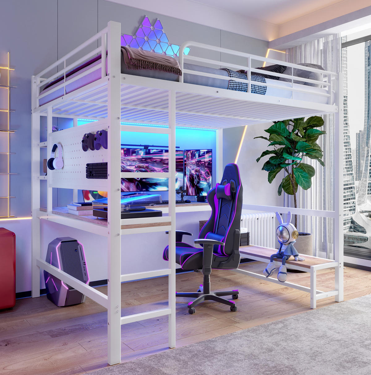 HOCHBETT 140/200 cm in Weiß mit Schreibtisch, LED-Beleuchtung und USB- und Type-C-Anschlüssen - Weiß, Metall (140/200cm) - Flora Grace