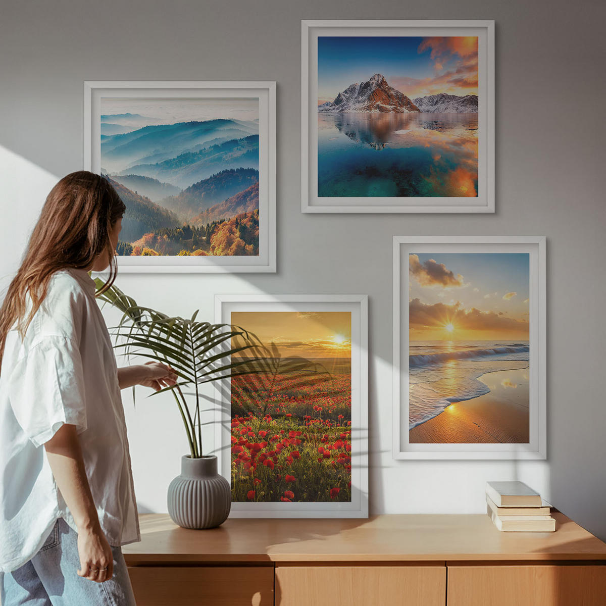 WANDBILDER 4er-Set - 50x50 cm & 40x60 cm Weißer Rahmen - Landschaften aus Bergen und Meeren im Westen - Weiß, Kunststoff (50/50cm) - ArtPrintCave