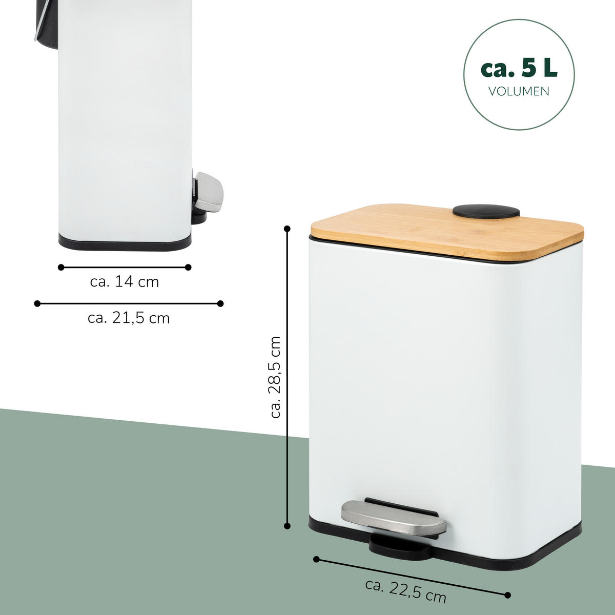 KOSMETIKEIMER 5 Liter Bambus & Metall, weiß - Weiß, Metall (22.5/28.5/21.5cm) - bremermann