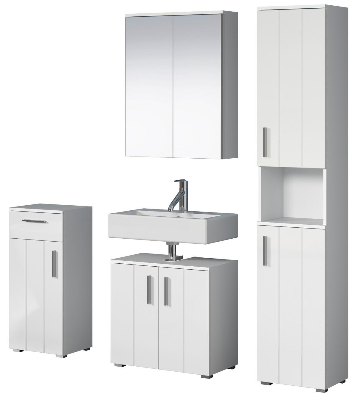 BADMÖBEL-SET weiß Hochglanz 4-teilig 164 x 192 cm, moderne Badezimmer-Schränke - Weiß Hochglanz/Silberfarben, Holzwerkstoff/Kunststoff (164/192/32cm) - Top.Furn