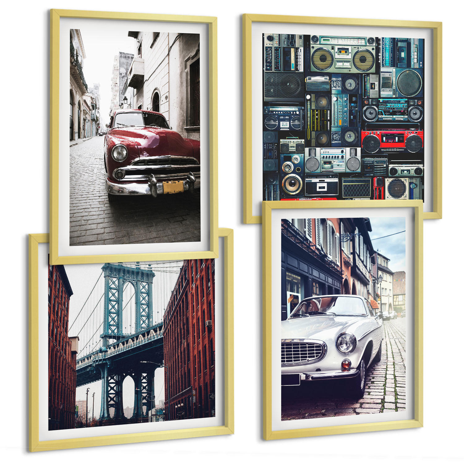 BILDER SET 4er Set - 50x50 cm & 40x60 cm Goldrahmen - Old Cars Brooklyn Retro-Audio - Goldfarben, Kunststoff (50/50cm) - TULUP