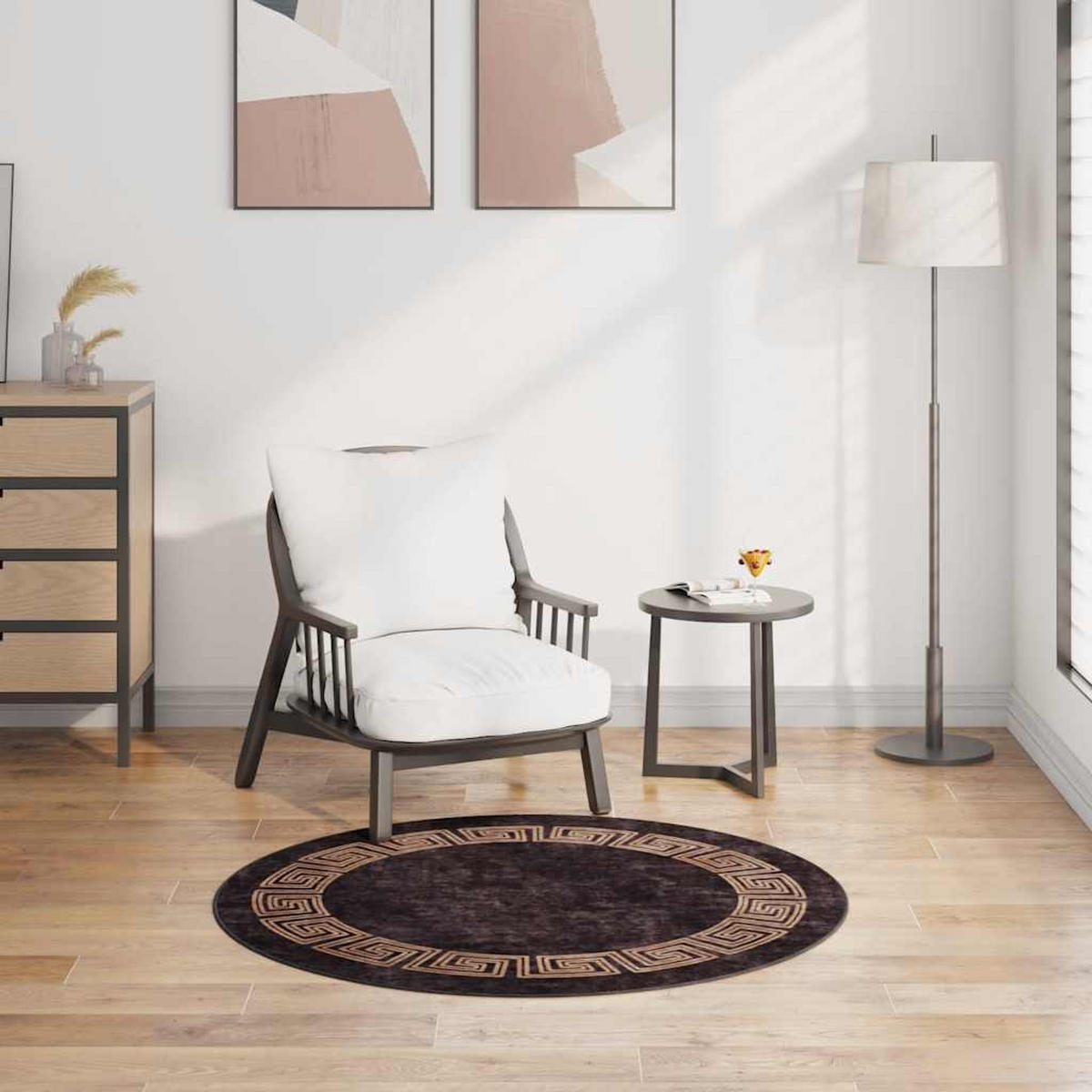 TEPPICH Waschbar Schwarz und Golden φ120 cm Rutschfest - Schwarz, Textil (120/120cm) - furnicato