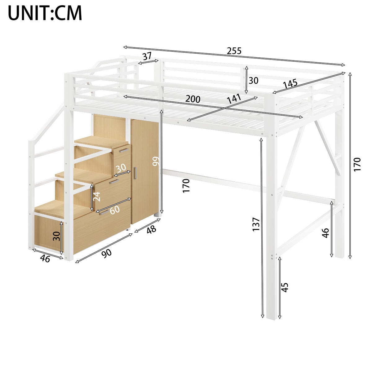 HOCHBETT 140/200 cm in Weiß mit Kleiderschrank, Stauschränken und LED - Weiß, Holzwerkstoff/Metall (140/200cm) - STILVORA