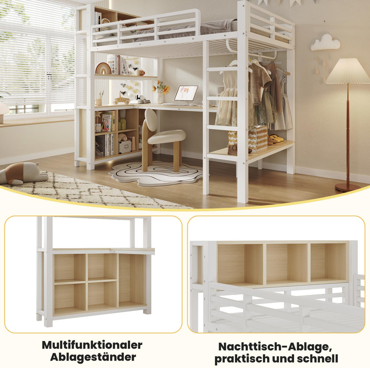 HOCHBETT Metall & MDF 90x200 cm Weiß mit Schreibtisch, Regalen und Kleiderstange - Weiß, Holzwerkstoff (90/200cm) - Modfu