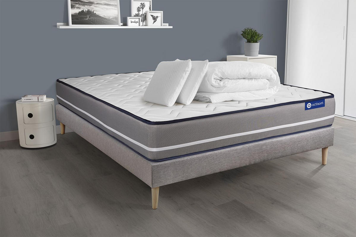 BETT Actiflex pur Taschenfederkern 160 x 200 cm h3 - Kit Bettgestell Grau - Mit Kissen und Bettdecke - Beige/Grau, Holz/Textil (160/200cm) - ACTISOM