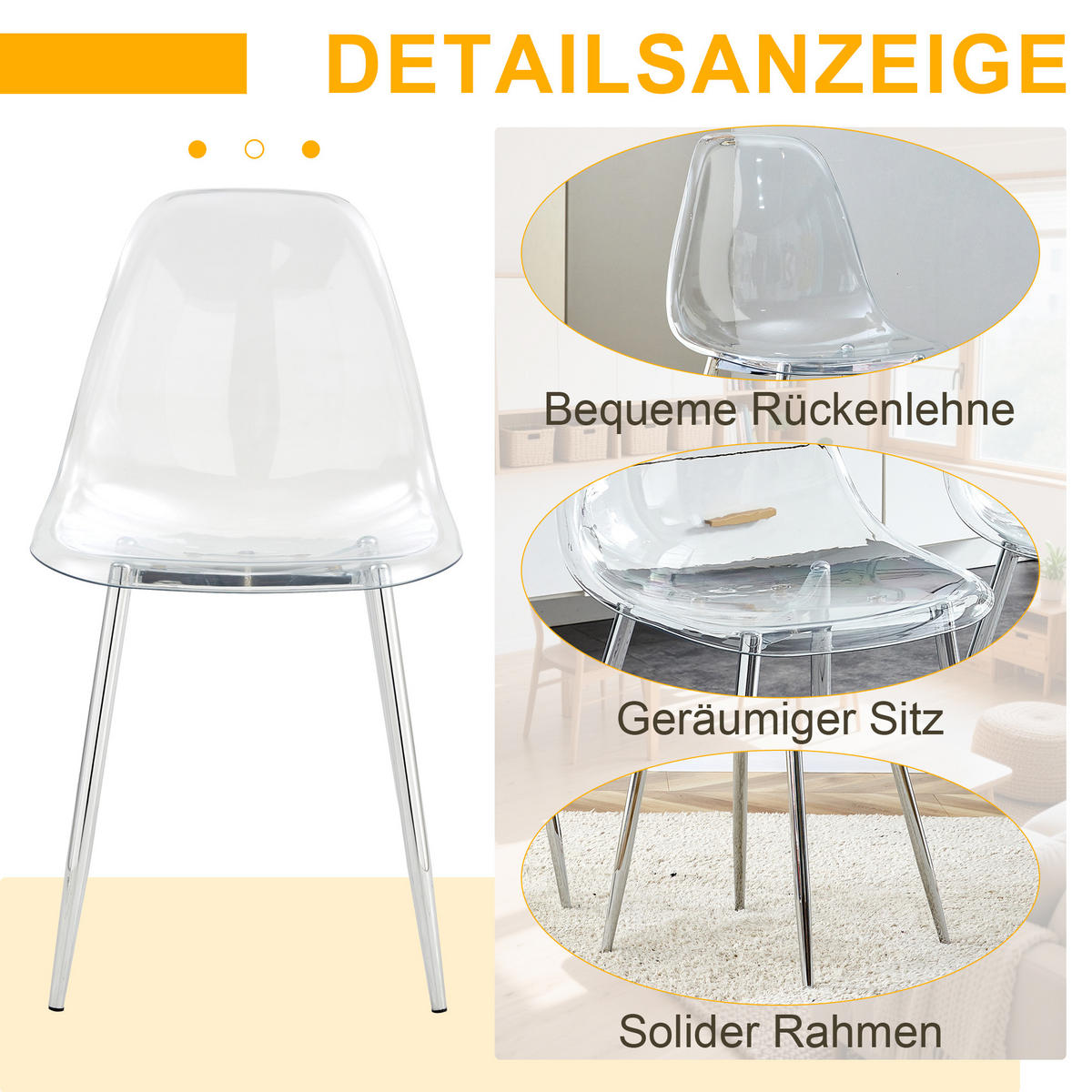 STUHL-SET DE-36594 4 Stück mit transparenter Sitzschale Silber - Silberfarben, Metall (45.7/83/44cm) - ComfortXL