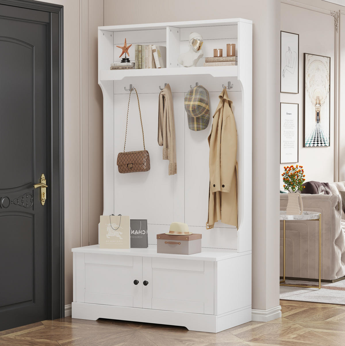 GARDEROBE 101,5/183 cm Weiß aus Spanplatte mit Sitzbank - Weiß, Holzwerkstoff (101/183/47cm) - OKMYHOME