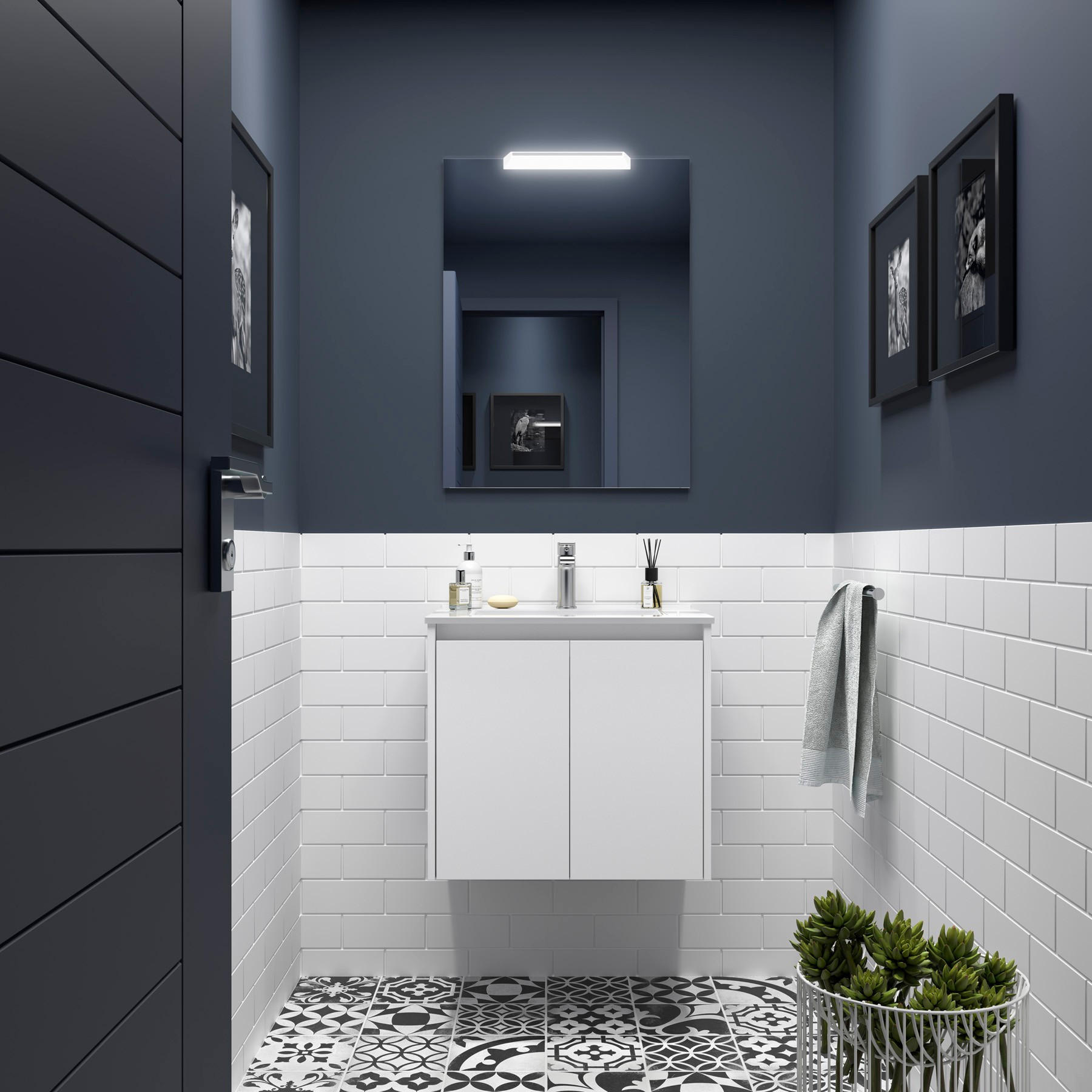 BADEZIMMERMÖBEL NOJA 700 2 Türen WHITE SATIN + Waschtisch + Spiegel - Schwarz, Metall (45/54/70cm) - Salgar