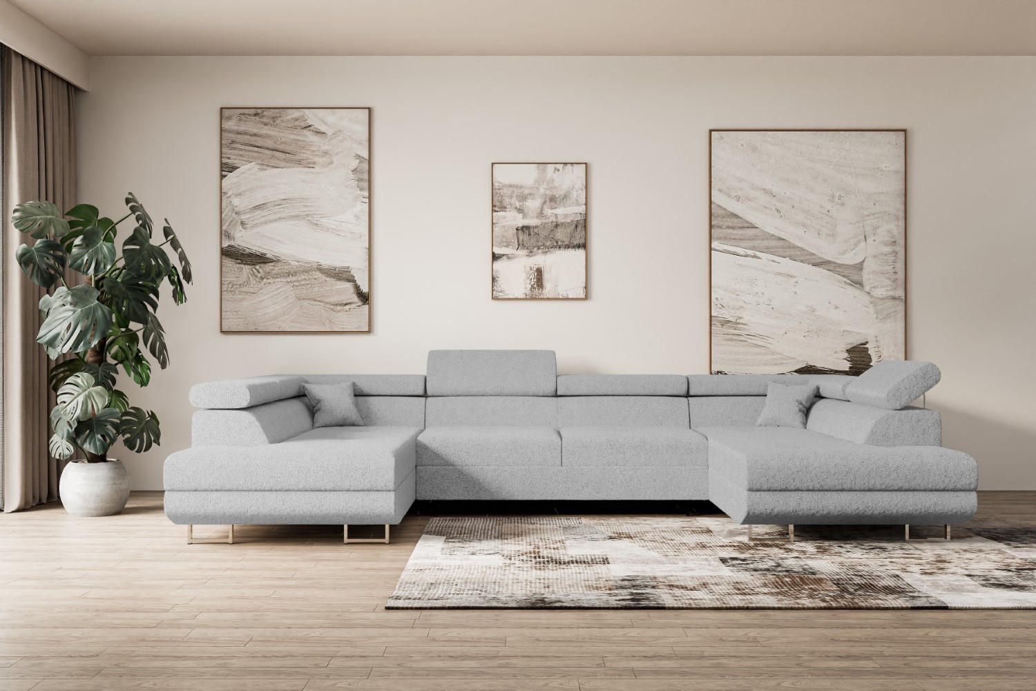 WOHNLANDSCHAFT mit Schlaffunktion und Bettkasten GUSA-U 342x202x107 cm Hellgrau Bouclé - Silberfarben/Hellgrau, Holzwerkstoff/Textil (342/107/202cm) - ALTDECOR
