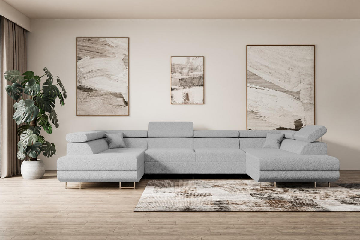 WOHNLANDSCHAFT mit Schlaffunktion und Bettkasten GUSA-U 342x202x107 cm Hellgrau Bouclé - Silberfarben/Hellgrau, Holzwerkstoff/Textil (342/107/202cm) - ALTDECOR