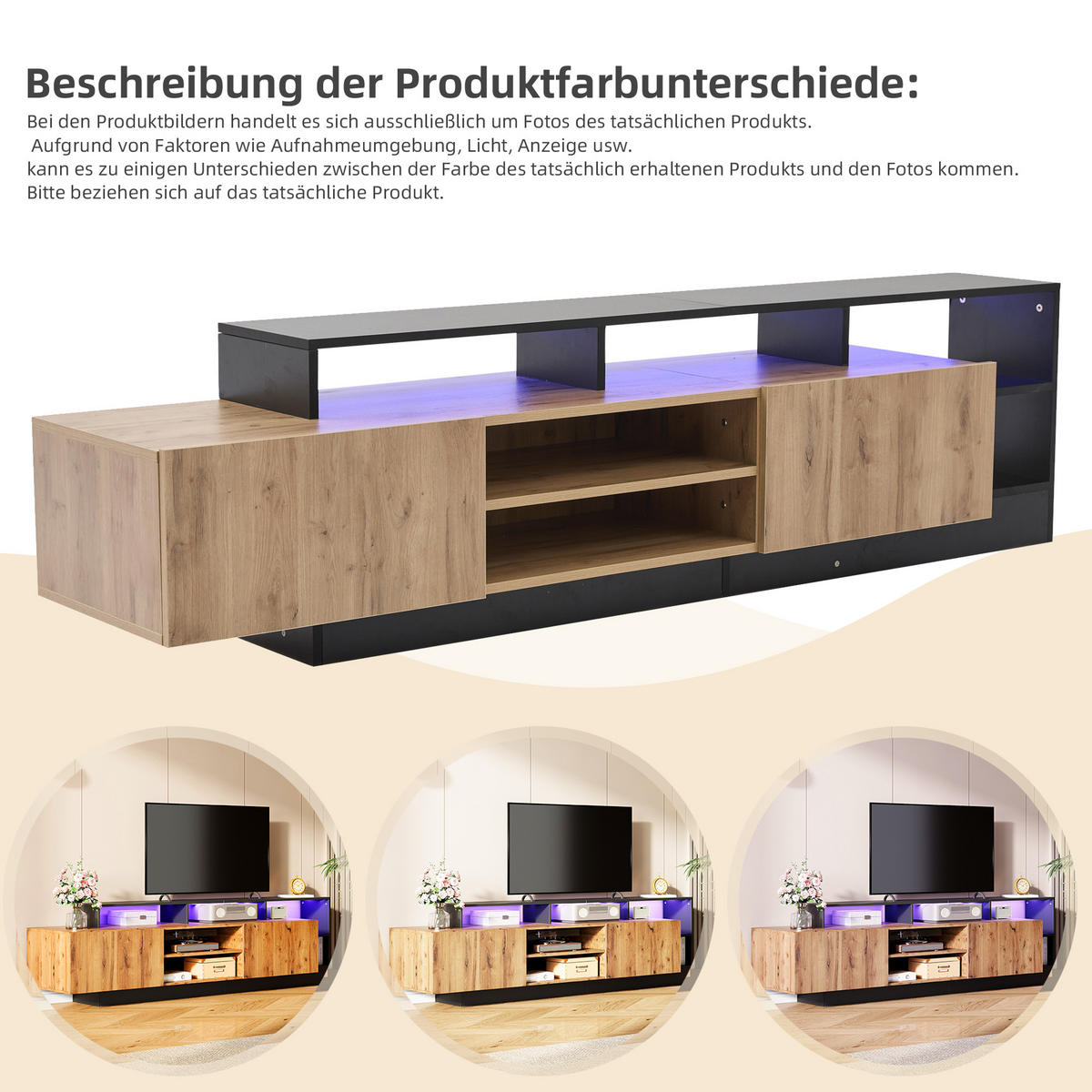 TV-ELEMENT 190/40/48.5 cm Schwarz + Eiche mit LED-Anzeigen - Schwarz, Holz (40/48.5/190cm) - Oxeza