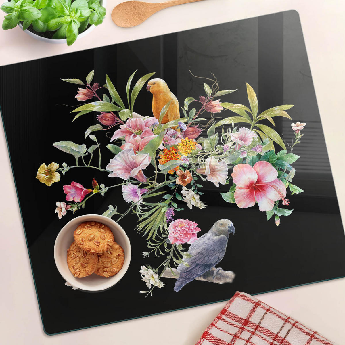 GLASPLATTE 60x52 cm Blumen und Vögel - Multicolor, Glas (60/0.4/52cm) - TULUP