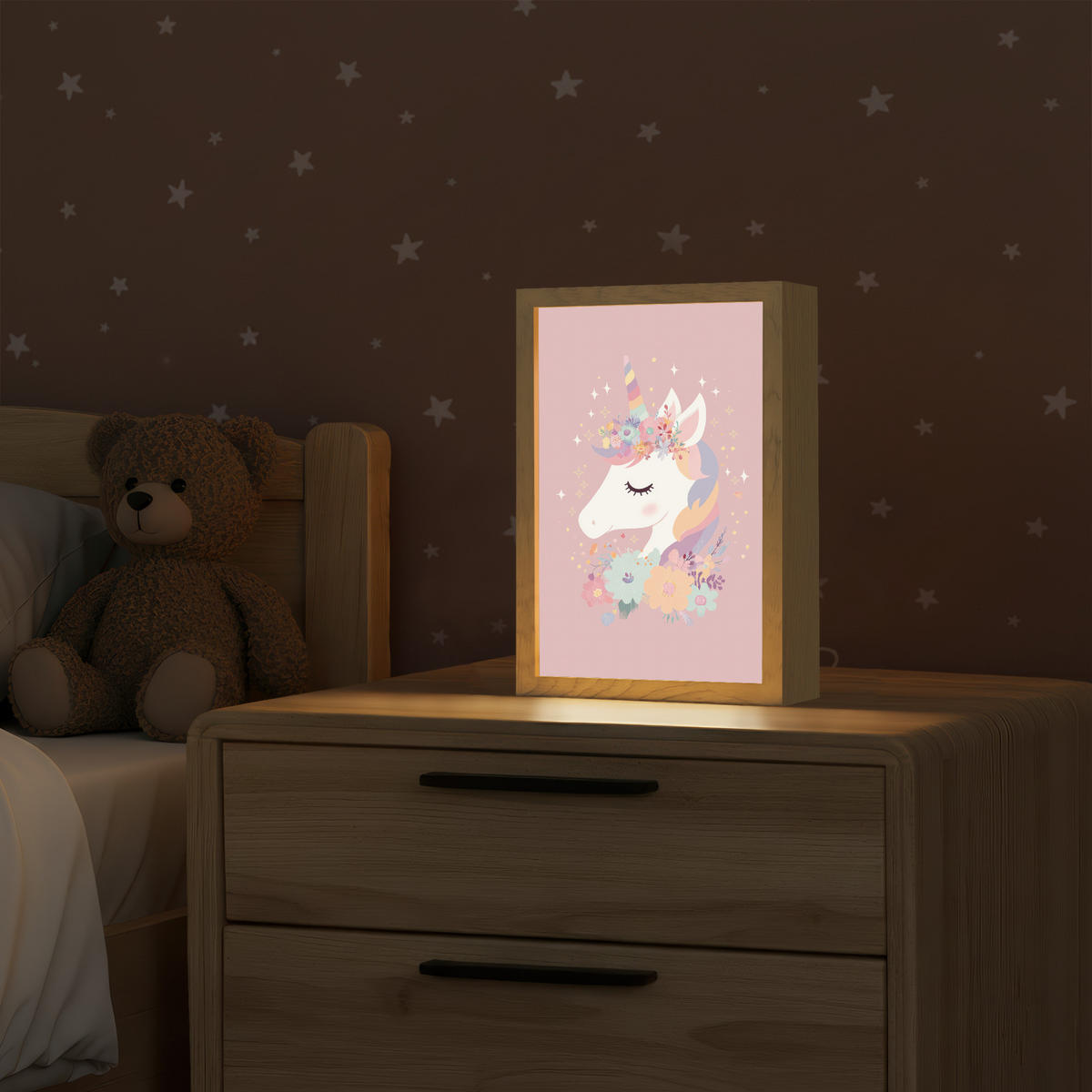 NÁSTĚNNÁ LAMPA Jednorožec - růžová - květiny 20x30 cm - růžová, kompozitní dřevo (20/30/8cm) - OnlyWow