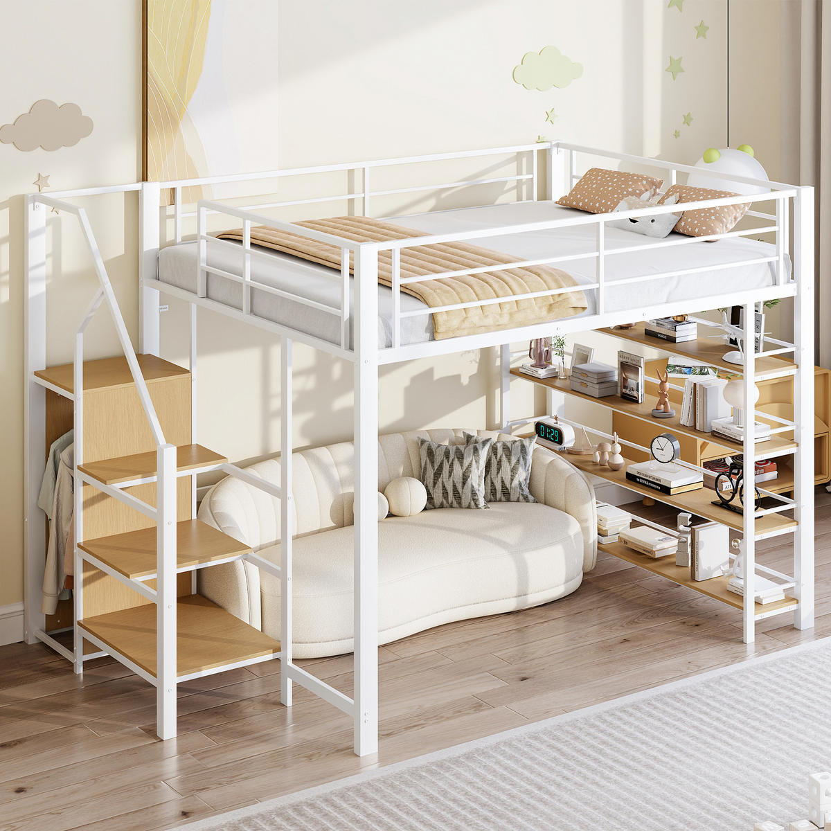 HOCHBETT 140x200 cm Treppe Stauraum Schrank weiß - Weiß, Metall (140/200cm) - LEBENLANG