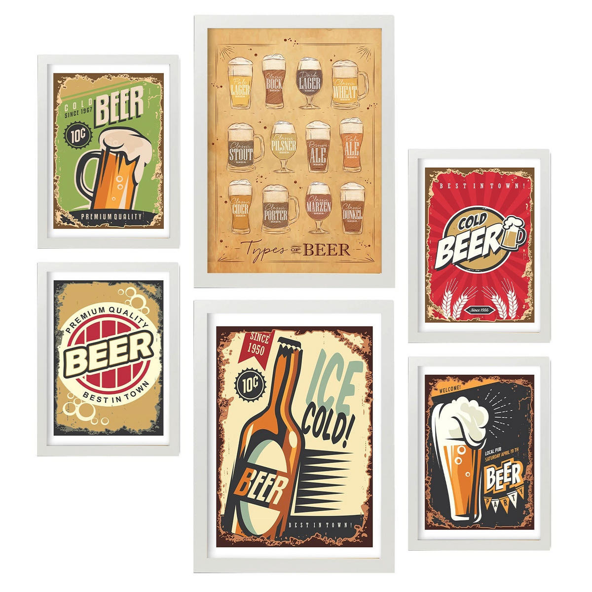 POSTER Set Mit 6 Bier Schilder Vollfarbige Illustrationen Von Kaffee & Getränken Im Werbetafel Illustrationen Für & Heim A3 & A4 Weißer Rahmen - Weiß, Papier (29/3cm) - Nacnic