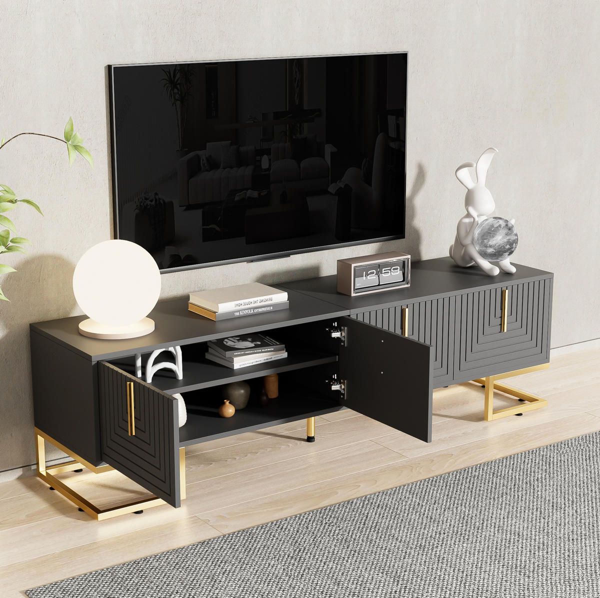 TV-SCHRANK in Grauschwarz mit 4 Türen und goldfarbenen Metallfüßen 170/40/45.5 cm - Grau, Holzwerkstoff (170/45.5/40cm) - Redom