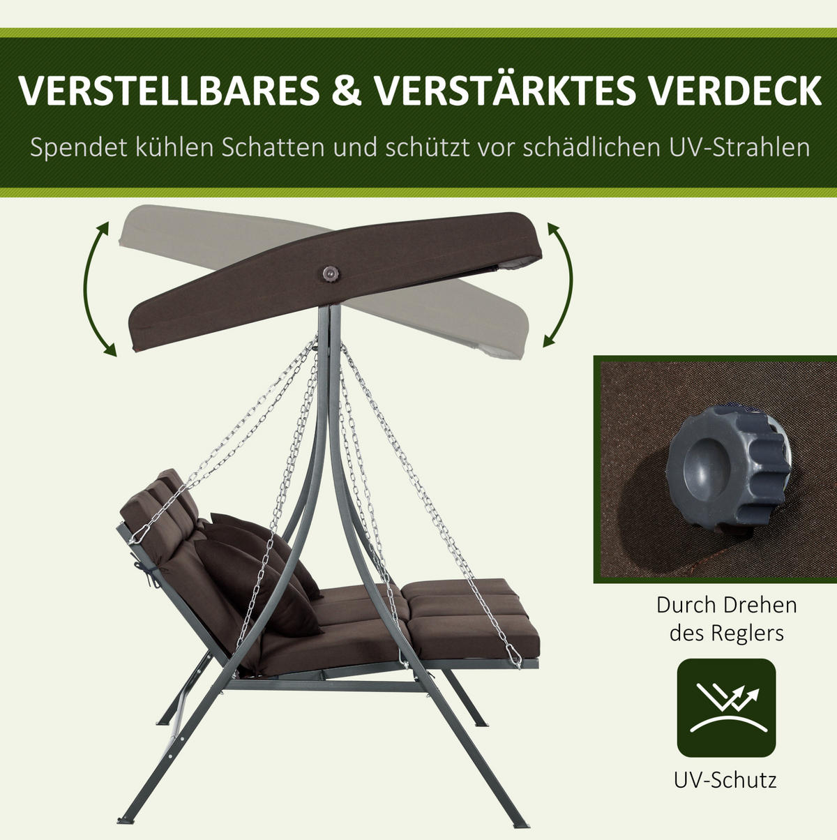 HOLLYWOODSCHAUKEL 198/118/168 cm braun aus Eisen mit verstellbarem Sonnendach und Kissen - Braun, Metall (118/168/198cm) - OKWISH