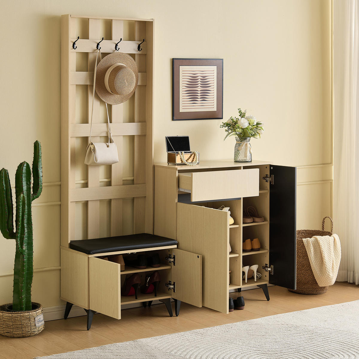 GARDEROBE Set mit Sitzbank, Sideboard und Schuhschrank - Ahornfarben, Holzwerkstoff (33/179.5/135cm) - Korfee