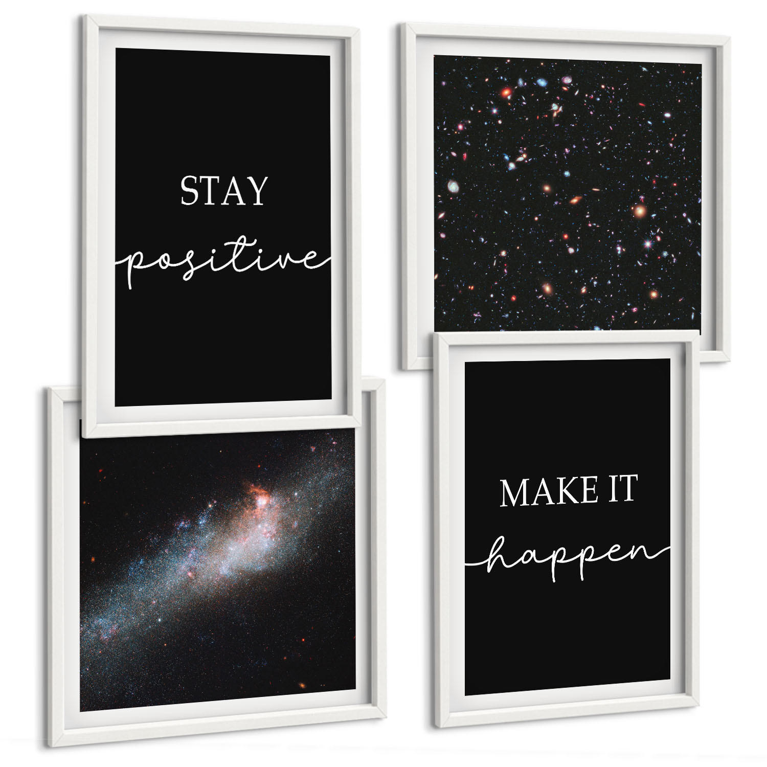 BILDER SET 4er Set - 50x50 cm & 40x60 cm Weißer Rahmen - Motivationsslogans Sterne Weltraum - Weiß, Kunststoff (50/50cm) - TULUP