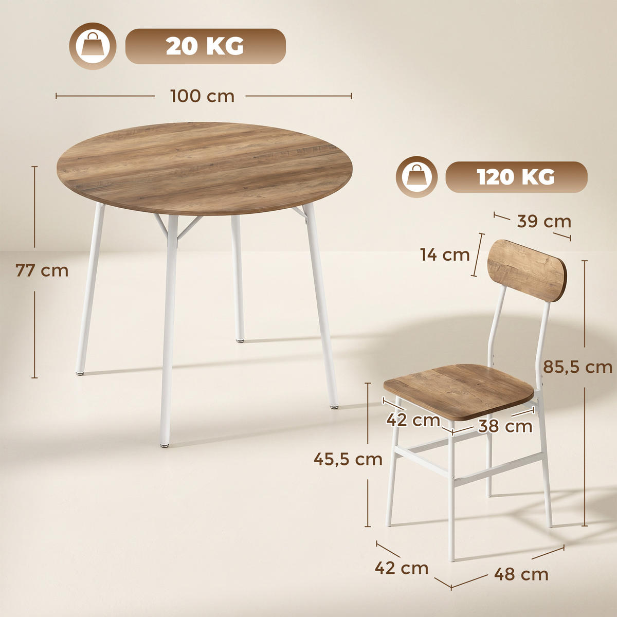 ESSGRUPPE, Metallgestell Tisch+4 Stühle, naturholz - Braun, Holzwerkstoff (100/77/100cm) - Vallsero