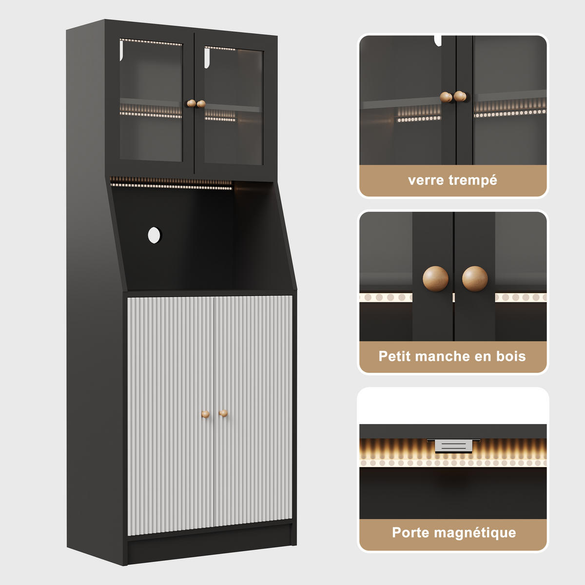 BUFFET hoch 40x70x180 cm LED Arbeitsplatte Stauraum schwarz - Schwarz, Holz (70/180/40cm) - Fortuna Lai