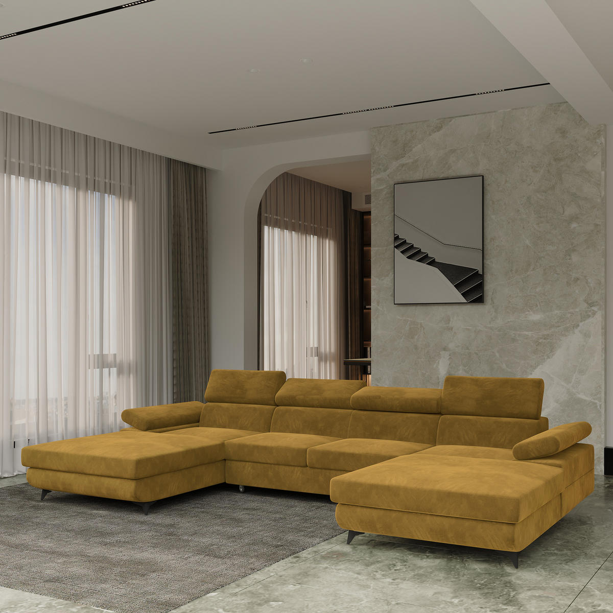 WOHNLANDSCHAFT DETTI Gelb Velours-Stoff mit Schlaffunktion - Gelb, Holz (339/89/190cm) - MASSENO