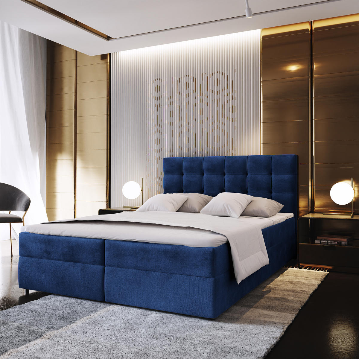 BOXBETT GLOS K 180x200 cm mit Matratze und Topper, H2+H3 - Blau - Blau, Holz (180/200cm) - MASSENO