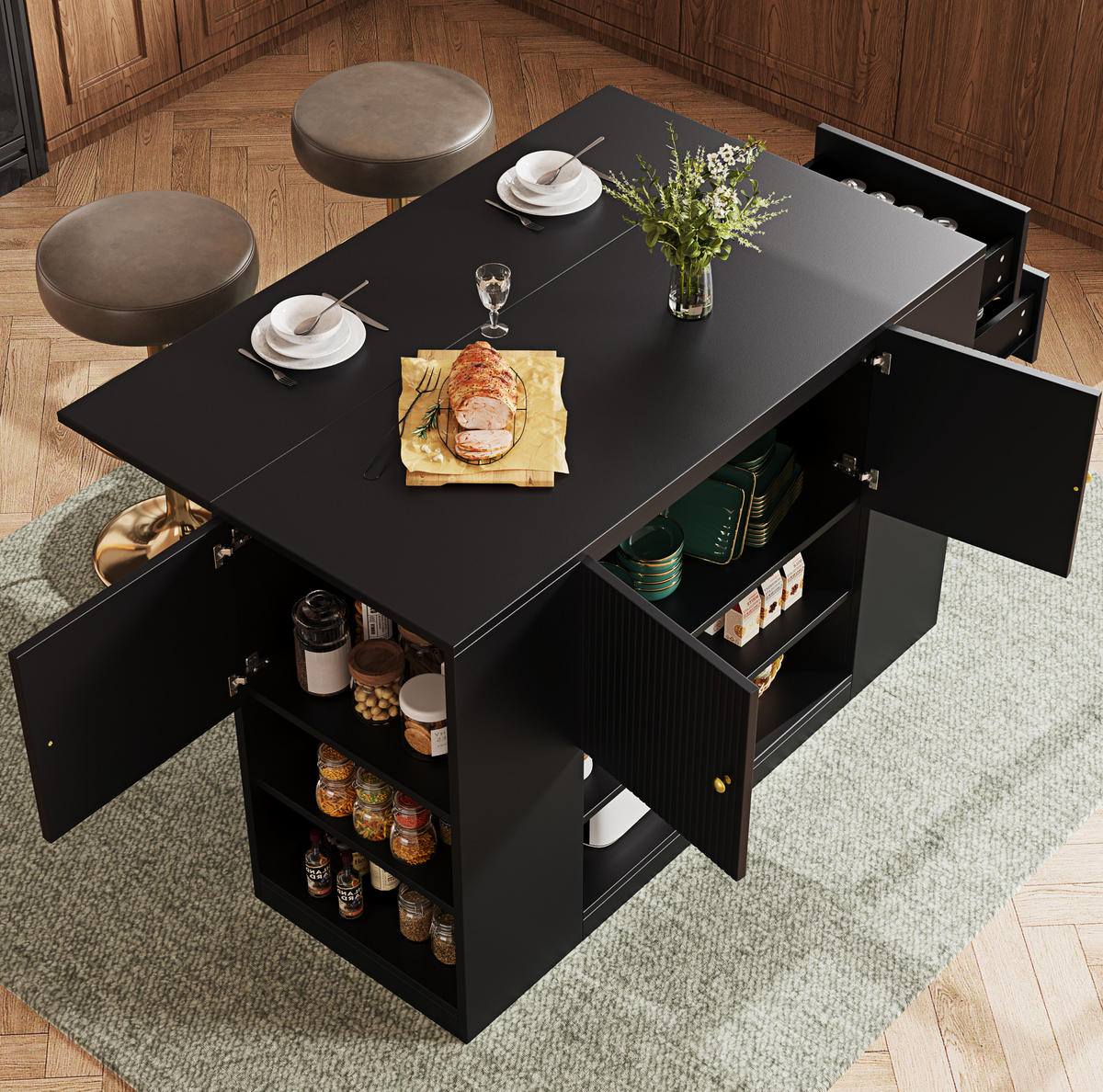 KUHINJSKI otok 140/40/90 cm crni, MDF, s preklopnom pločom i spremištem - crna, drvni materijal (140/90/70cm) - BEAOK