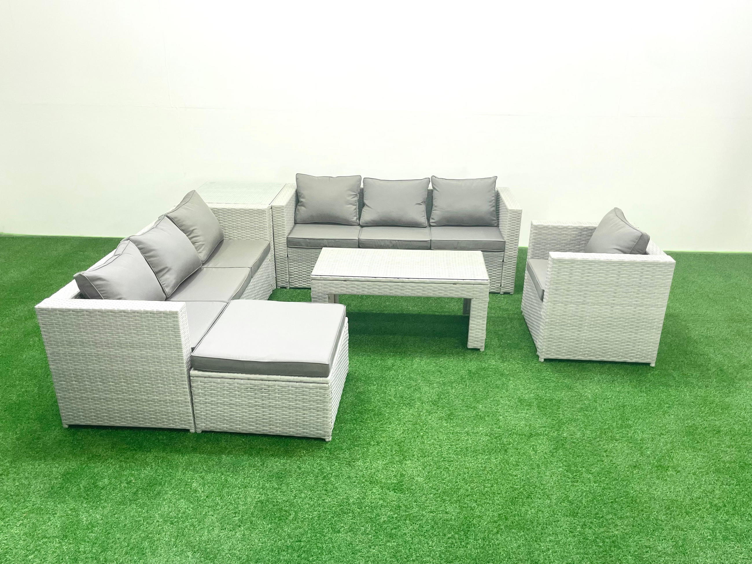 GARTENSOFA hohe Rückenlehne Polyrattan Hellgrau-Mix 8-Sitzer - Hellgrau/Grau, Glas/Kunststoff - Fimous