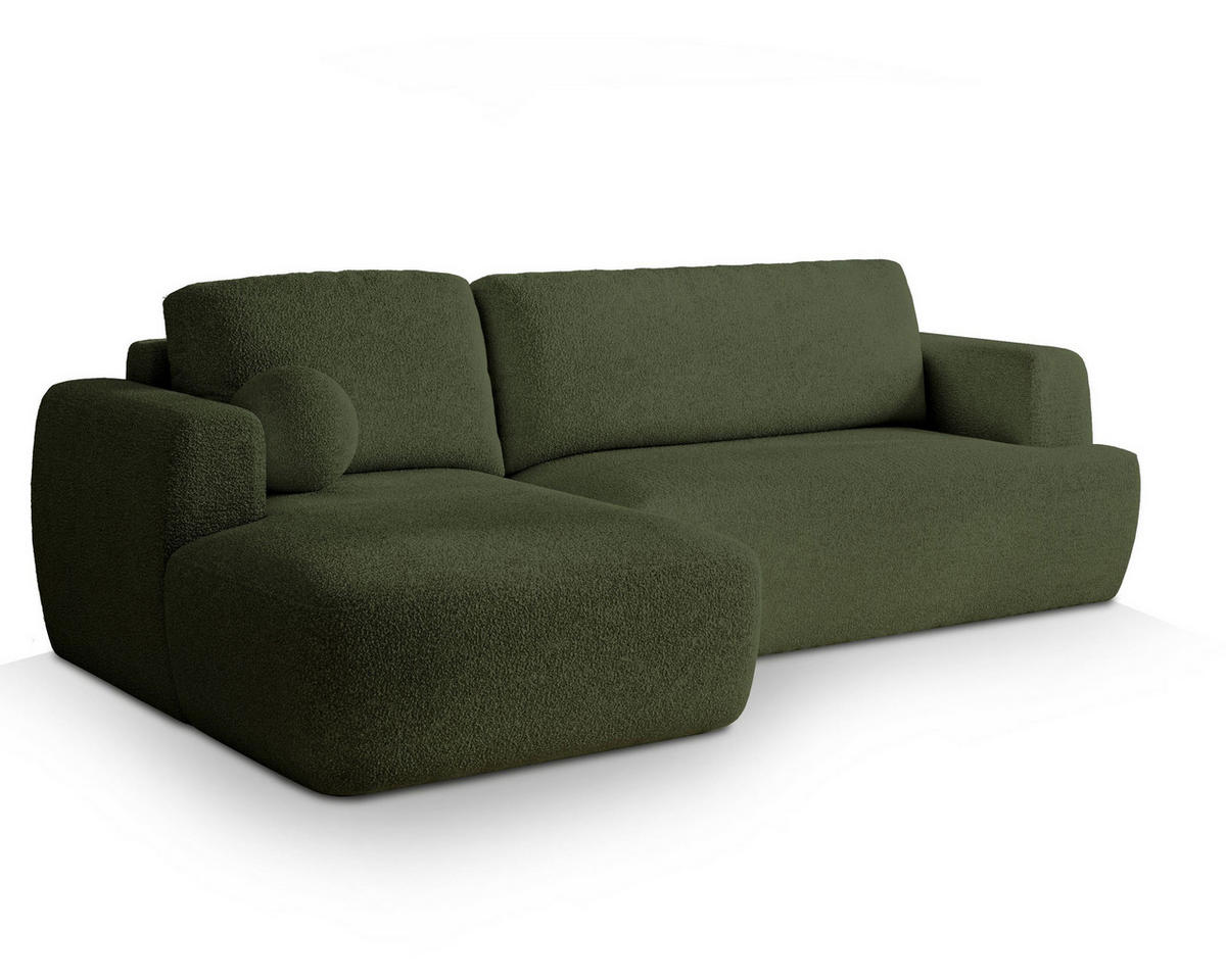 ECKSOFA SENTI N L-S Grün Boucle-Stoff mit Schlaffunktion - Grün, Holz (246/148cm) - MASSENO