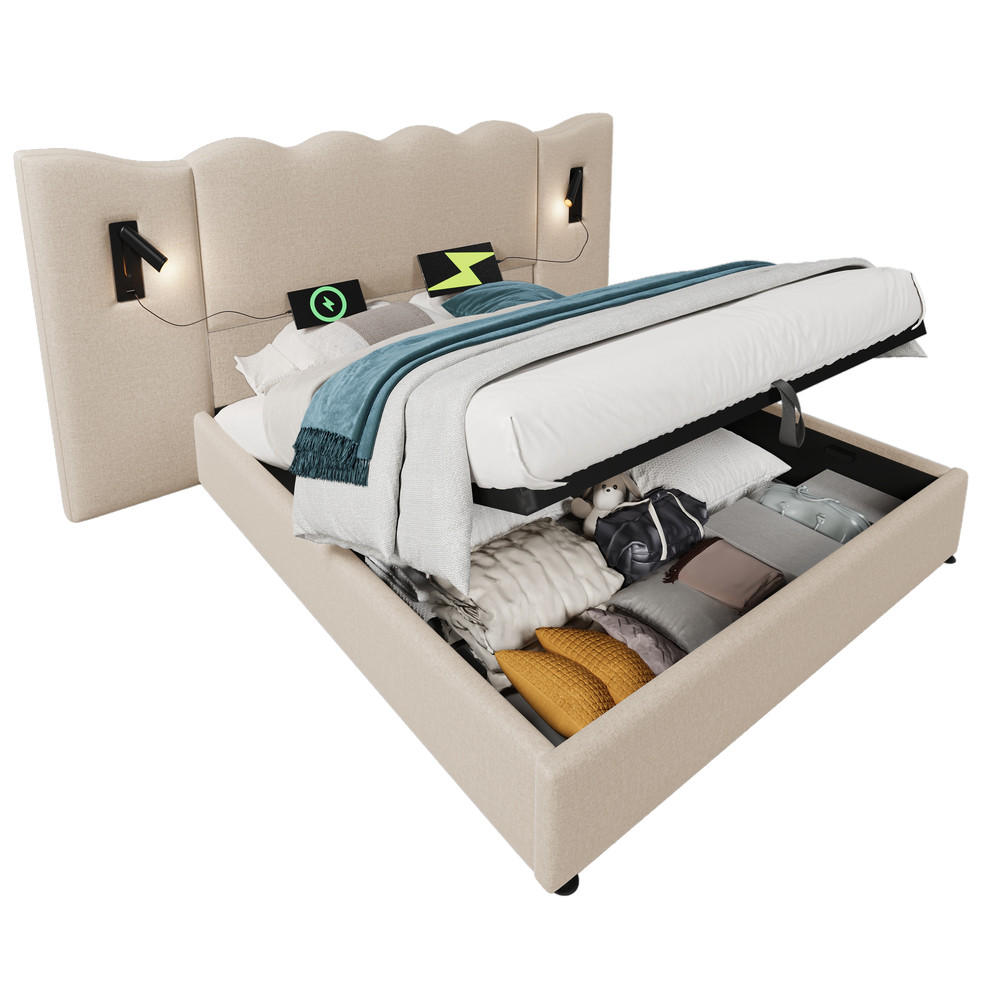 POLSTERBETT 180x200cm Doppelbett mit Leselampe & USB-C Stauraum Beige - Beige, Holz - FLIEKS