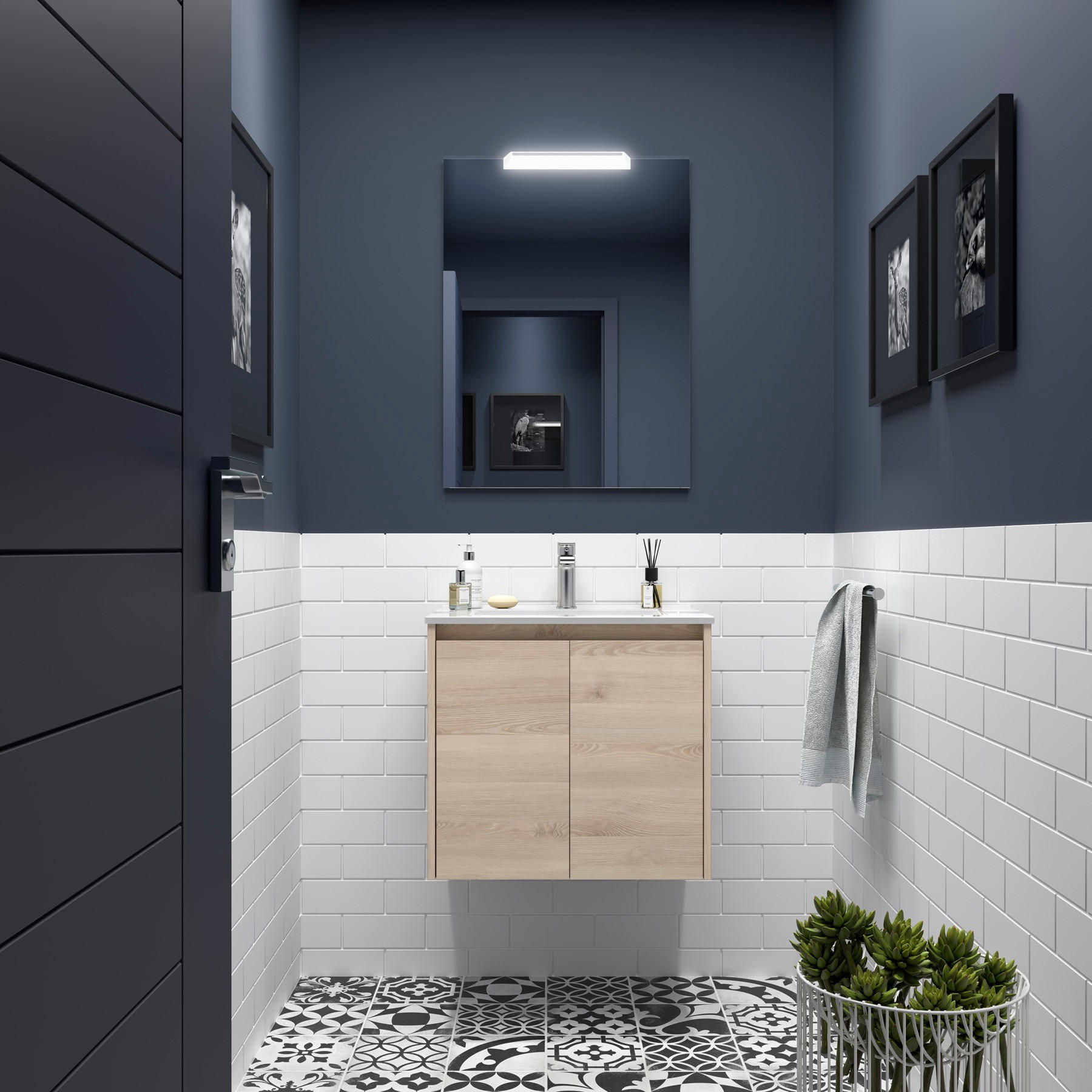 BADEZIMMERMÖBEL NOJA 600 2 Türen NATURAL + Waschtisch + Spiegel - Schwarz, Metall (45/54/60cm) - Salgar