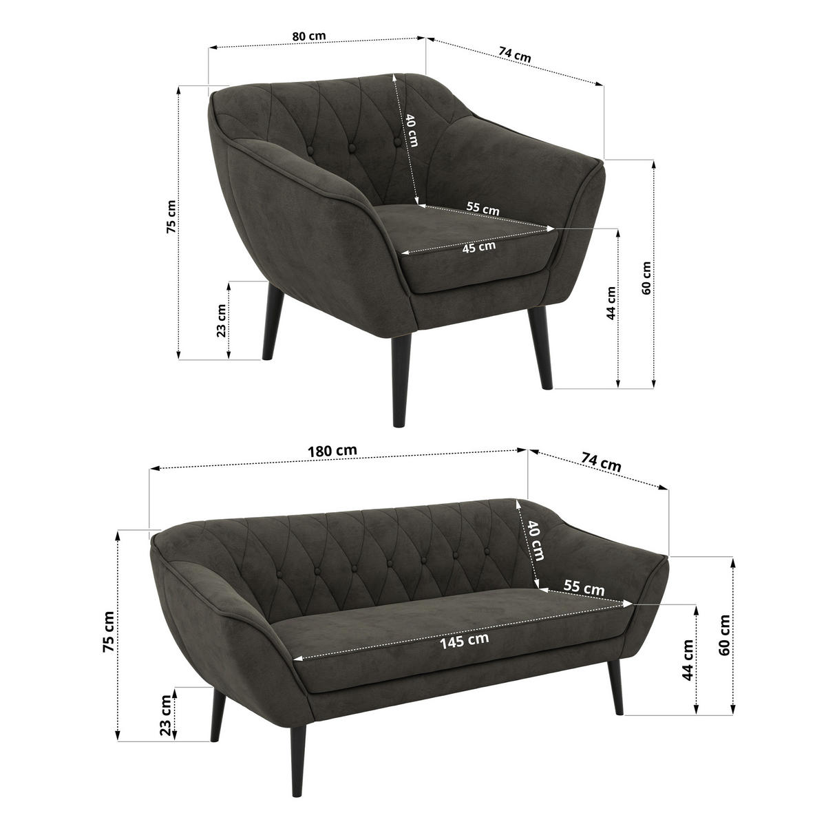 SITZGARNITUR PIRS 3+3+1 - Dunkelgrau Velvet - Schwarze Beine - Dunkelgrau/Schwarz, Holzwerkstoff/Textil (180/75/74cm) - MKS