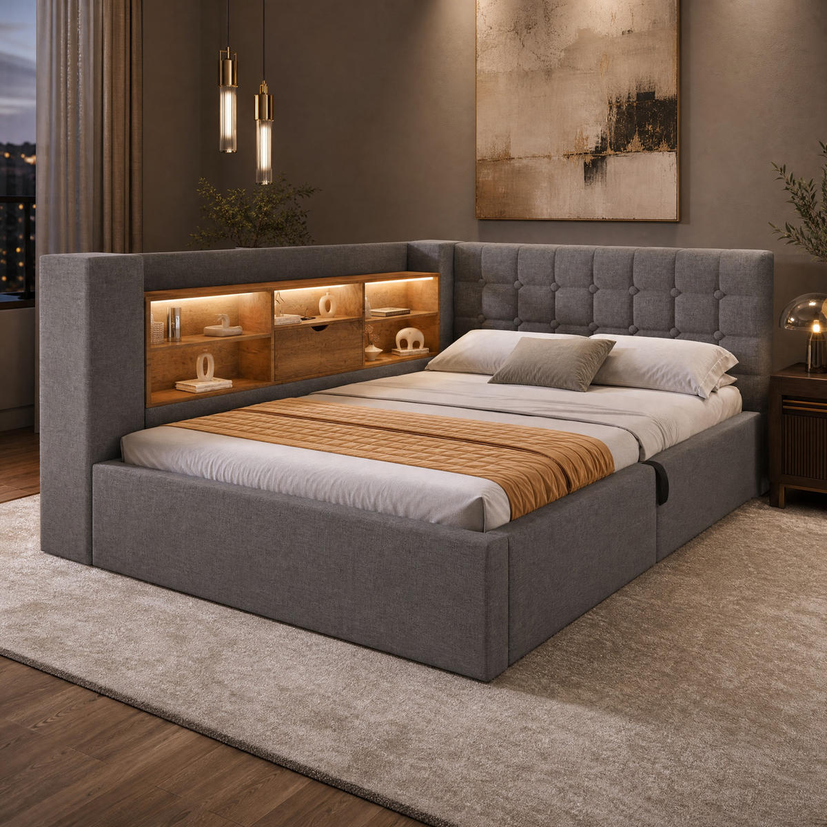POLSTERBETT 140/200 mit Bettkasten, LED und USB in Grau - Grau, Holzwerkstoff/Textil (140/200cm) - EVRYAE