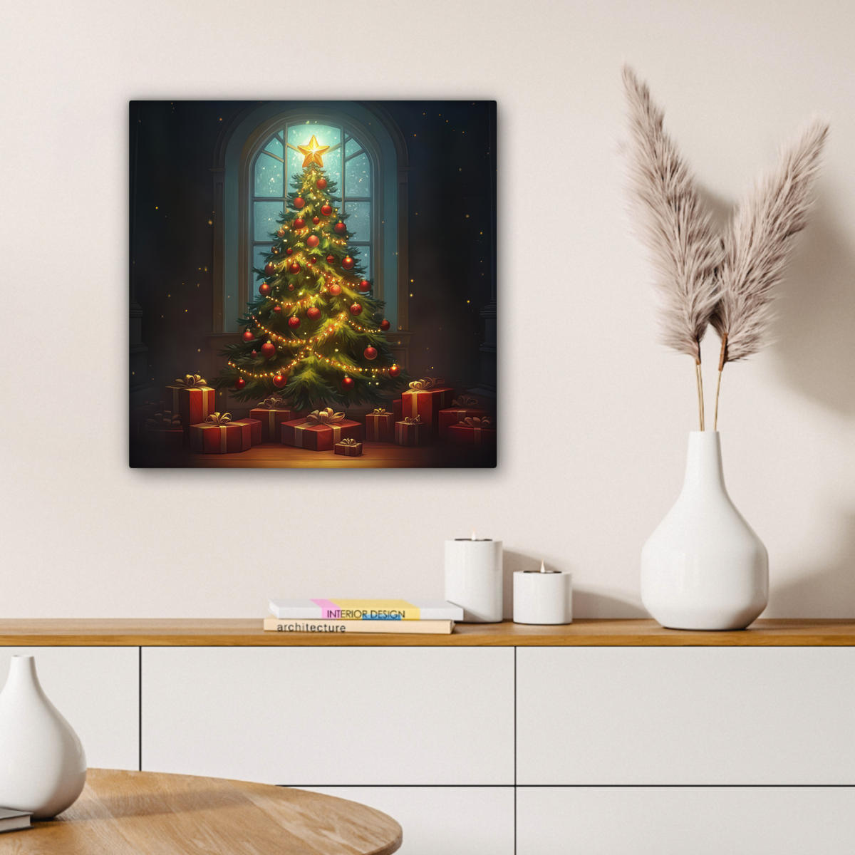 LEINWANDBILD Weihnachtsbaum - Geschenk - Winter Wandbild Wohnzimmer 50x50 cm - Grün, Textil (50/50cm) - MuchoWow