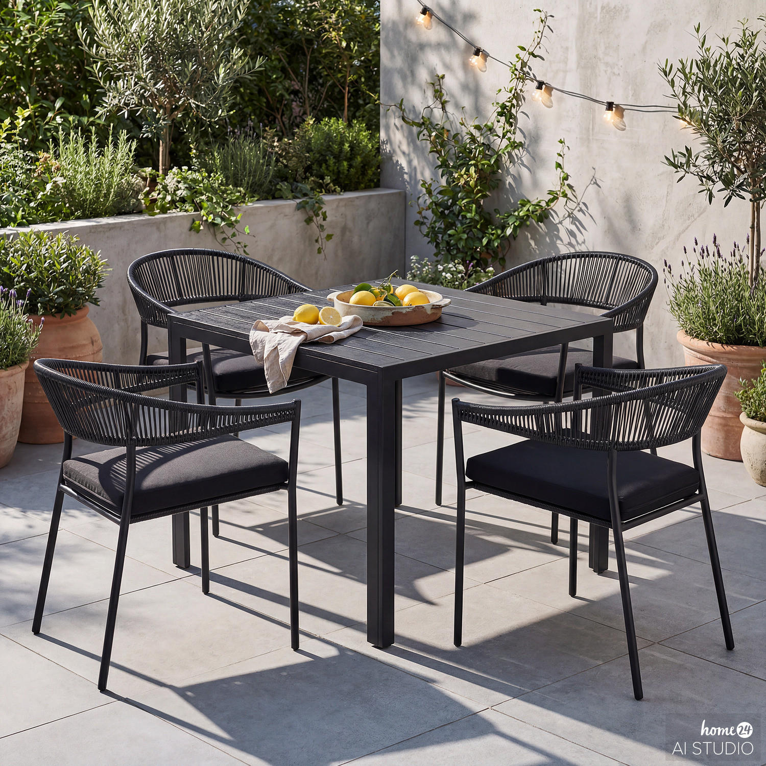 GARTENESSGRUPPE - 5-teilig - Stahl / Polyrattan - Schwarz - Schwarz, Kunststoff/Textil - home24