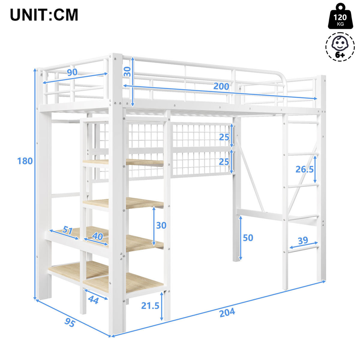 HOCHBETT 90/200 cm weiß aus Metall und MDF mit LED-Stimmungslicht und Kleiderstange - Weiß, Metall (90/200cm) - OKWISH