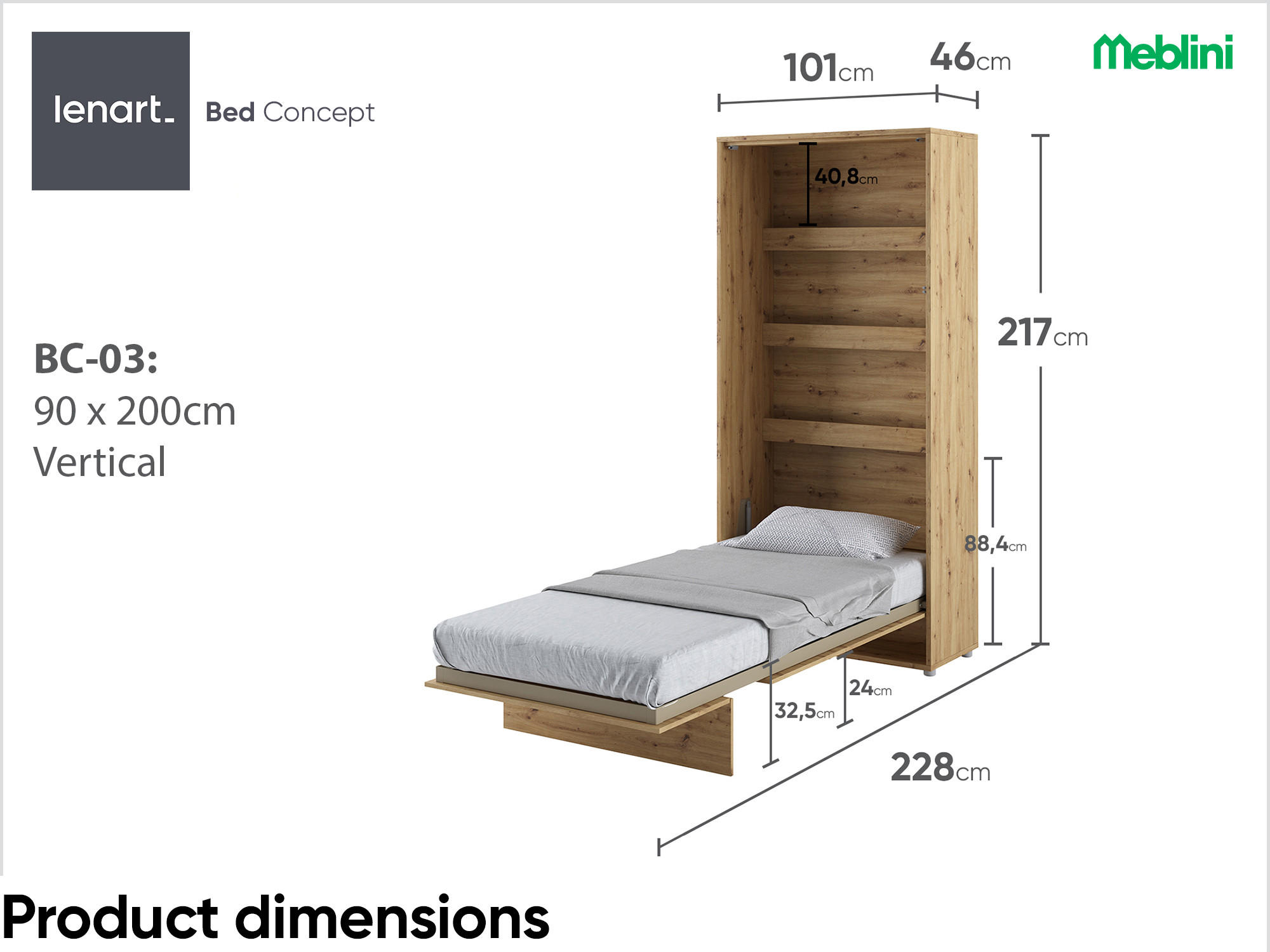 SCHRANKBETT BC-03 - 90x200cm Vertikal - Artisan Eiche - Eiche Artisan, Holzwerkstoff (90/200cm) - Meblini