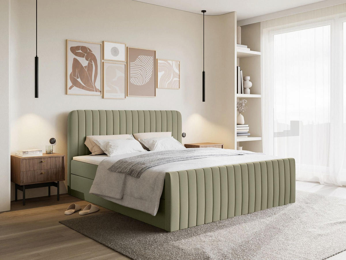 BOXBETT Saliano mit Topper und Chenille-Bezug Olivgrün, 160x200 cm - Olivgrün, Kunststoff/Textil (160/200cm) - Selsey