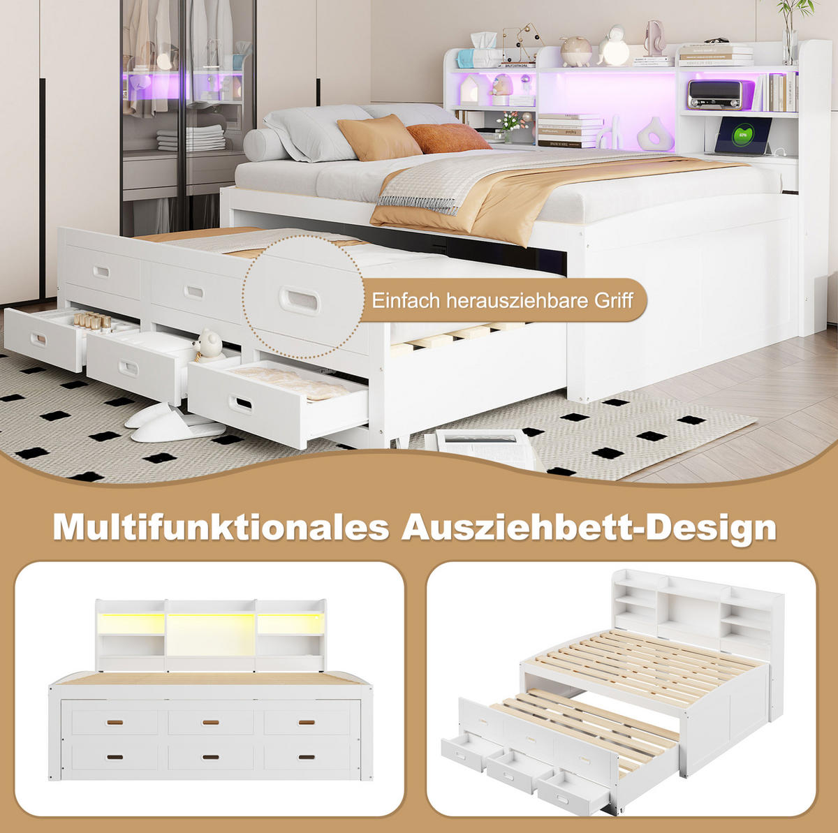 POLSTERBETT 140/200 cm Weiß aus Spanplatte und MDF mit LED-Leiste - Weiß, Holzwerkstoff (140/200cm) - OKMYHOME