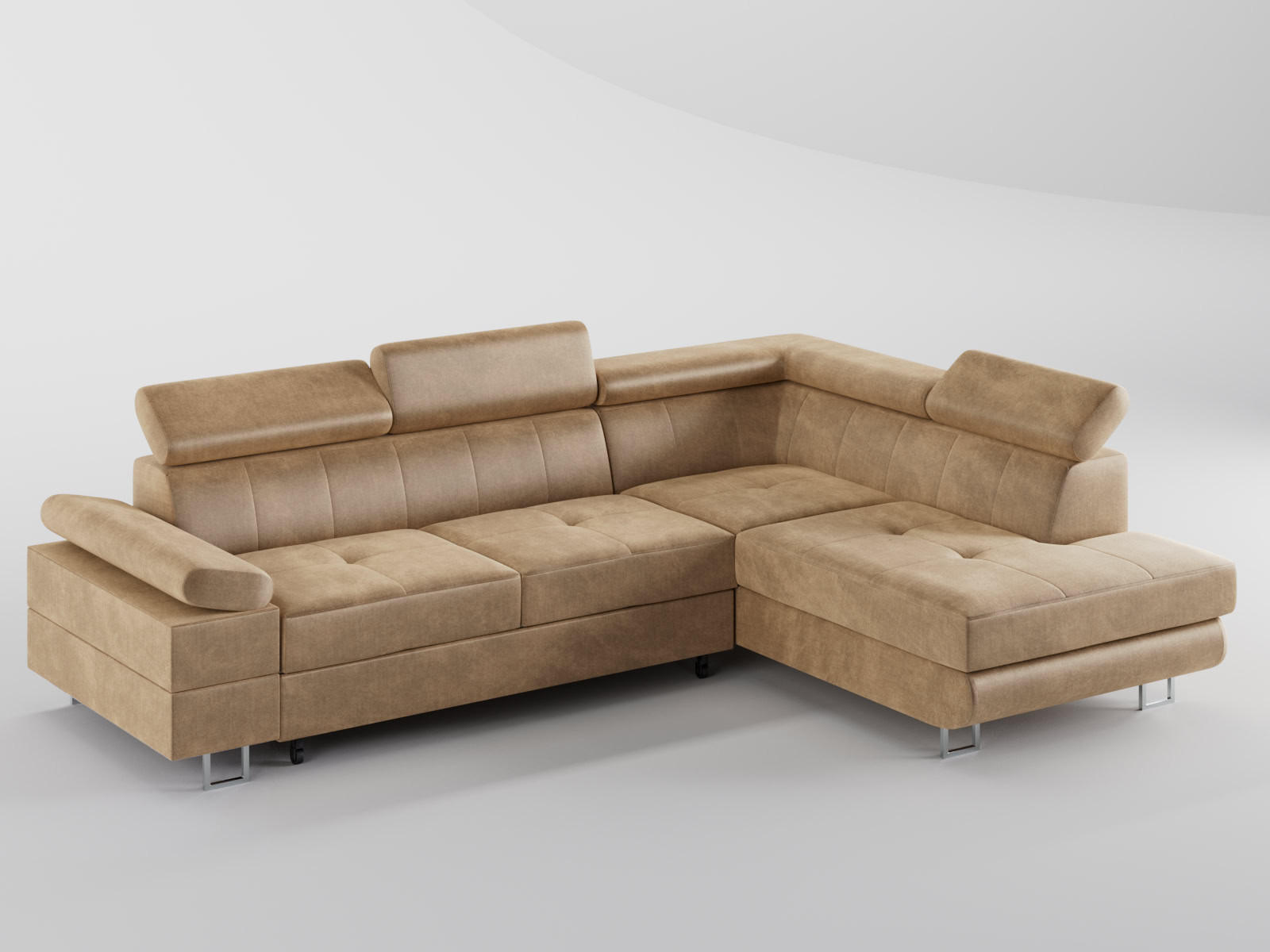ECKSOFA CAROLINE Rechts Beige Velours-Stoff mit Schlaffunktion und Bettkasten - Chromfarben/Beige, Textil (253/190cm) - Barchello