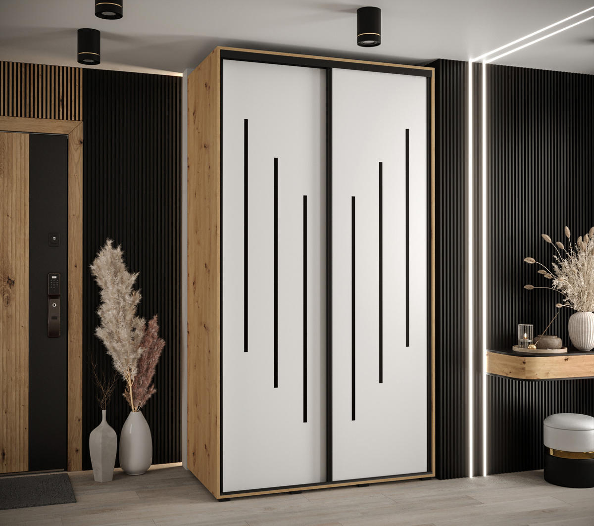 SCHWEBETÜRENSCHRANK 235,2/140/60 2-türig - Schwarz/Weiß, Holz/Metall (140/235/60cm) - Abiks Möbel