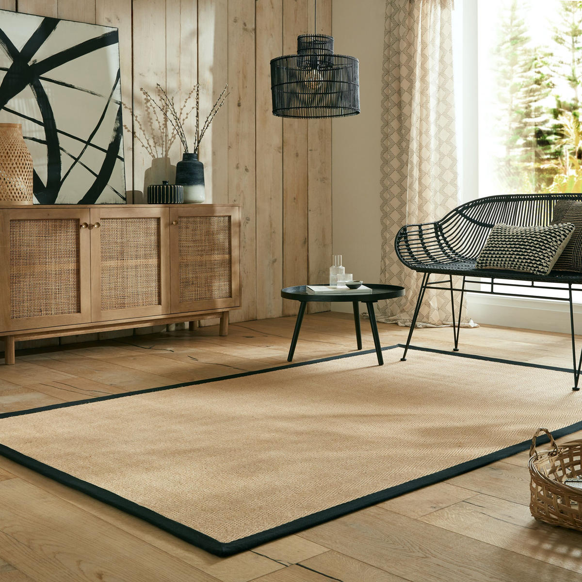 TEPPICH Jute mit Bordüre, Geometrisch-Design TRENT KIRA, Braun-Schwarz 120x170 cm - Schwarz/Naturfarben, Textil (120/170cm) - KADIMA DESIGN