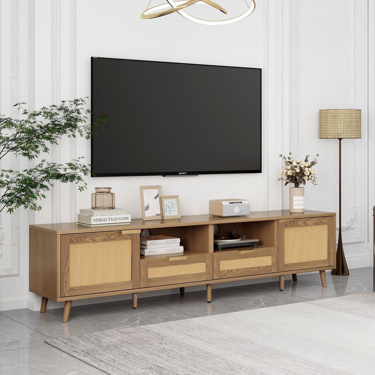TV-MÖBEL aus Rattangeflecht Beine aus Massivholz 200/37/49cm - Eichefarben, Holz (37/49/200cm) - Urban Meuble