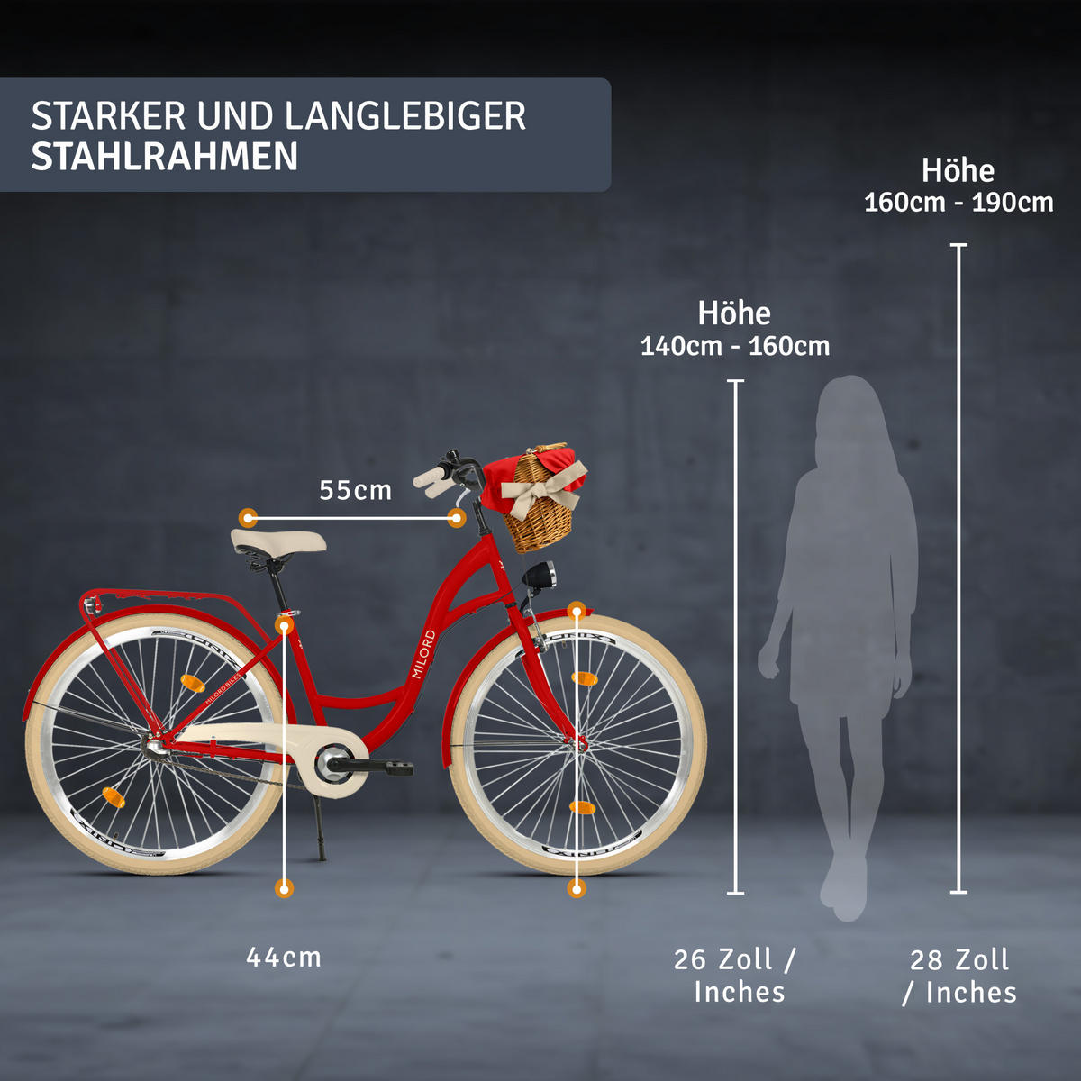 CITY-FAHRRAD Milord mit Weidenkorb, 28 Zoll, Rot, 3-Gang - Rot, Metall (46cm) - Milordbikes