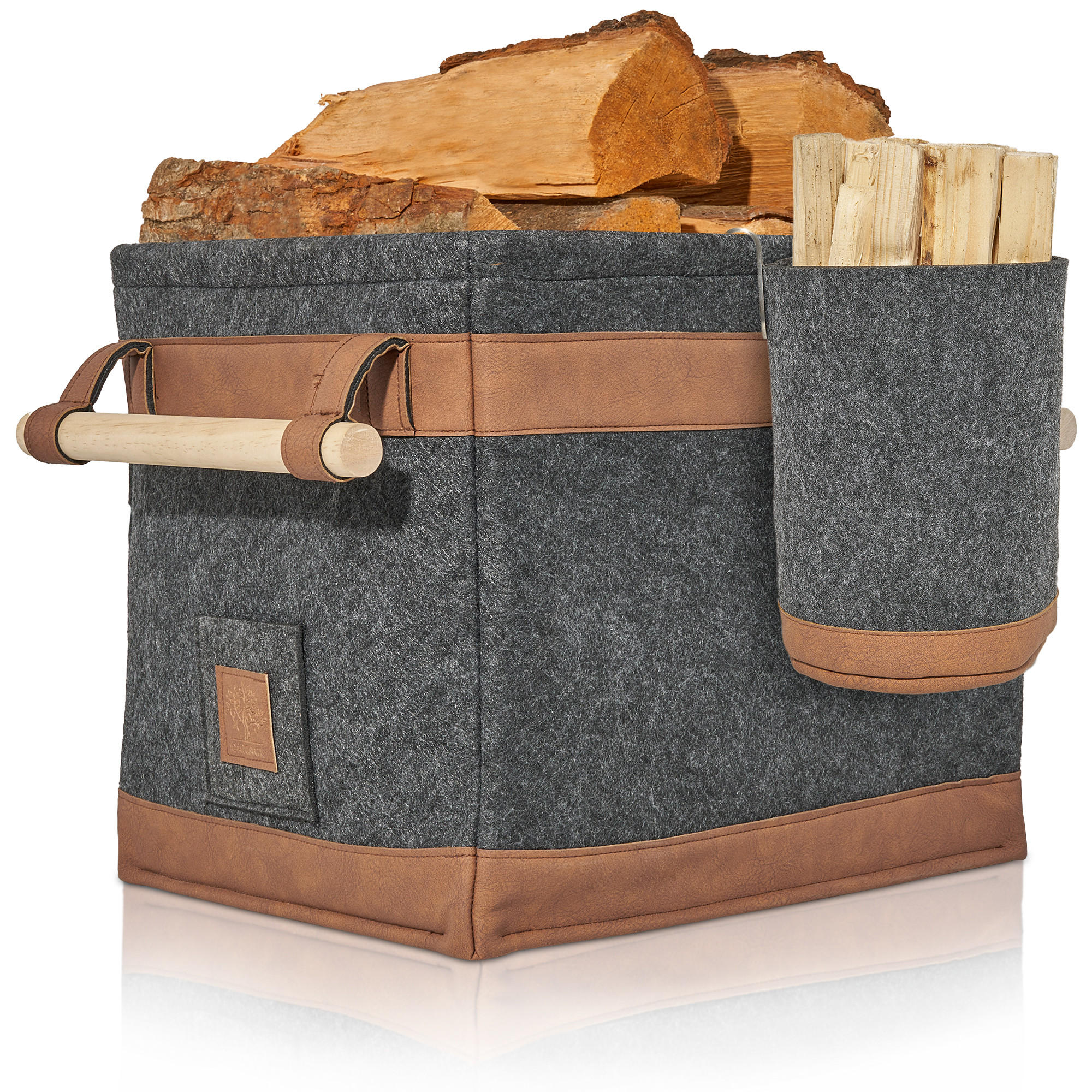 KAMINHOLZKORB FireMaster Duo 2er-Set Filz mit einhängbarem Zündholzkorb 42/32/35 cm - Dunkelgrau, Textil (32/35/42cm) - OAKAGE