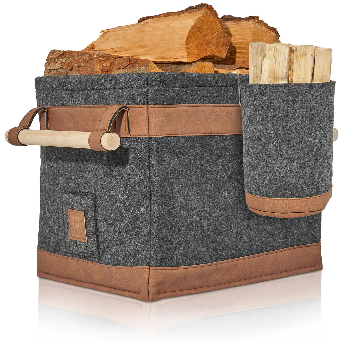 KAMINHOLZKORB FireMaster Duo 2er-Set Filz mit einhängbarem Zündholzkorb 42/32/35 cm - Dunkelgrau, Textil (32/35/42cm) - OAKAGE